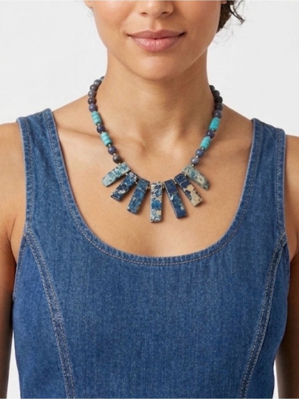 Boho Natural Stone Statement Necklace Turquoise Jasper Slab Choker 17” Blue